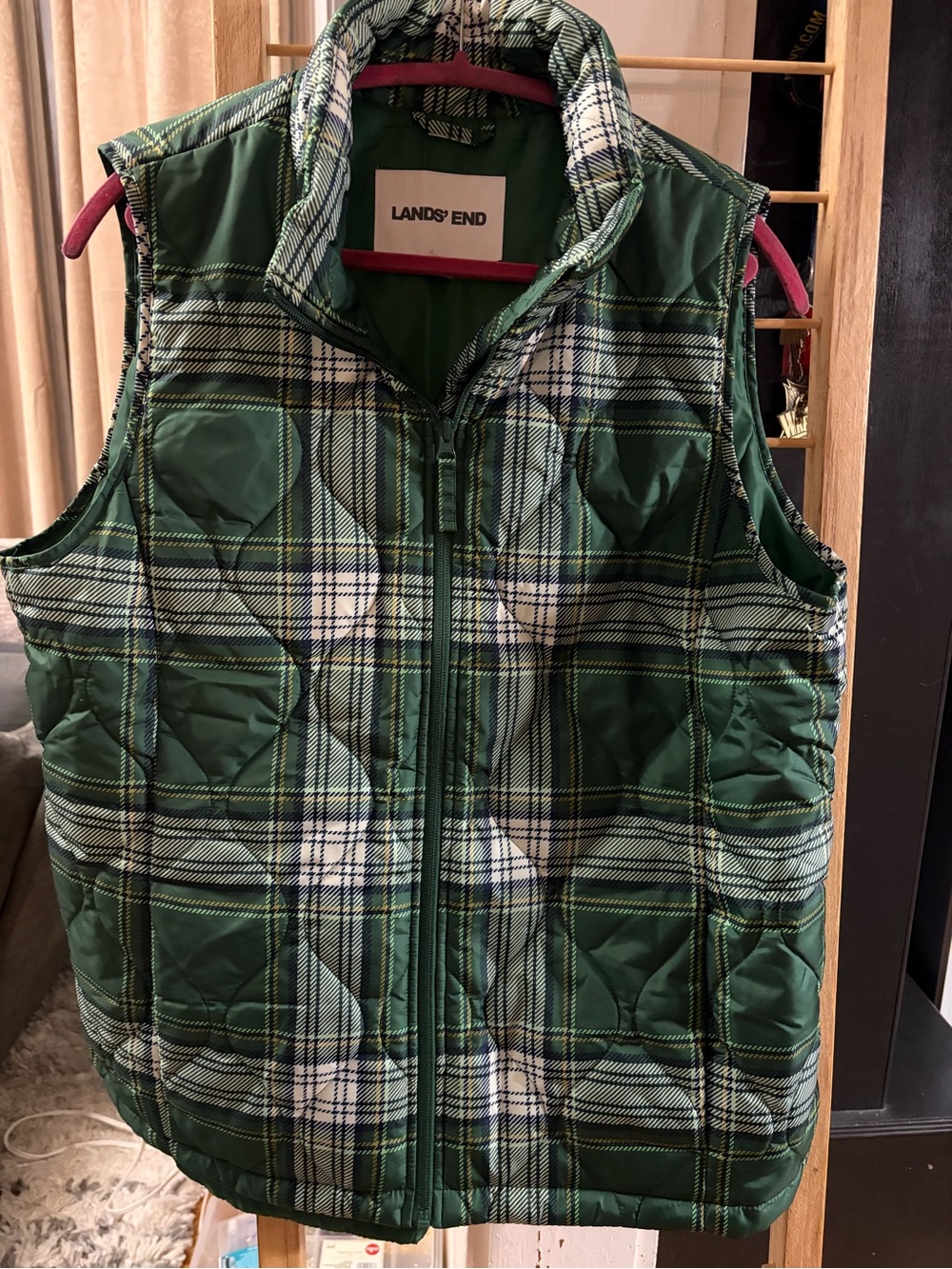 Lands' End Green Plaid Quilted Vest
